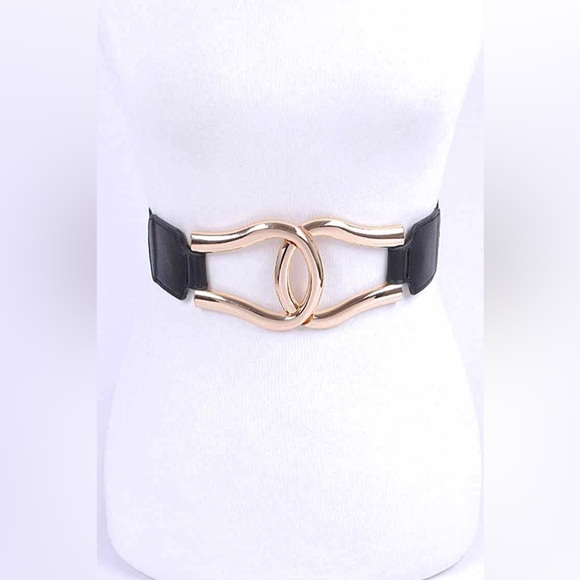 Gold Buckle Elastic Stretch Statement Waist Belt - Picture 1 of 8